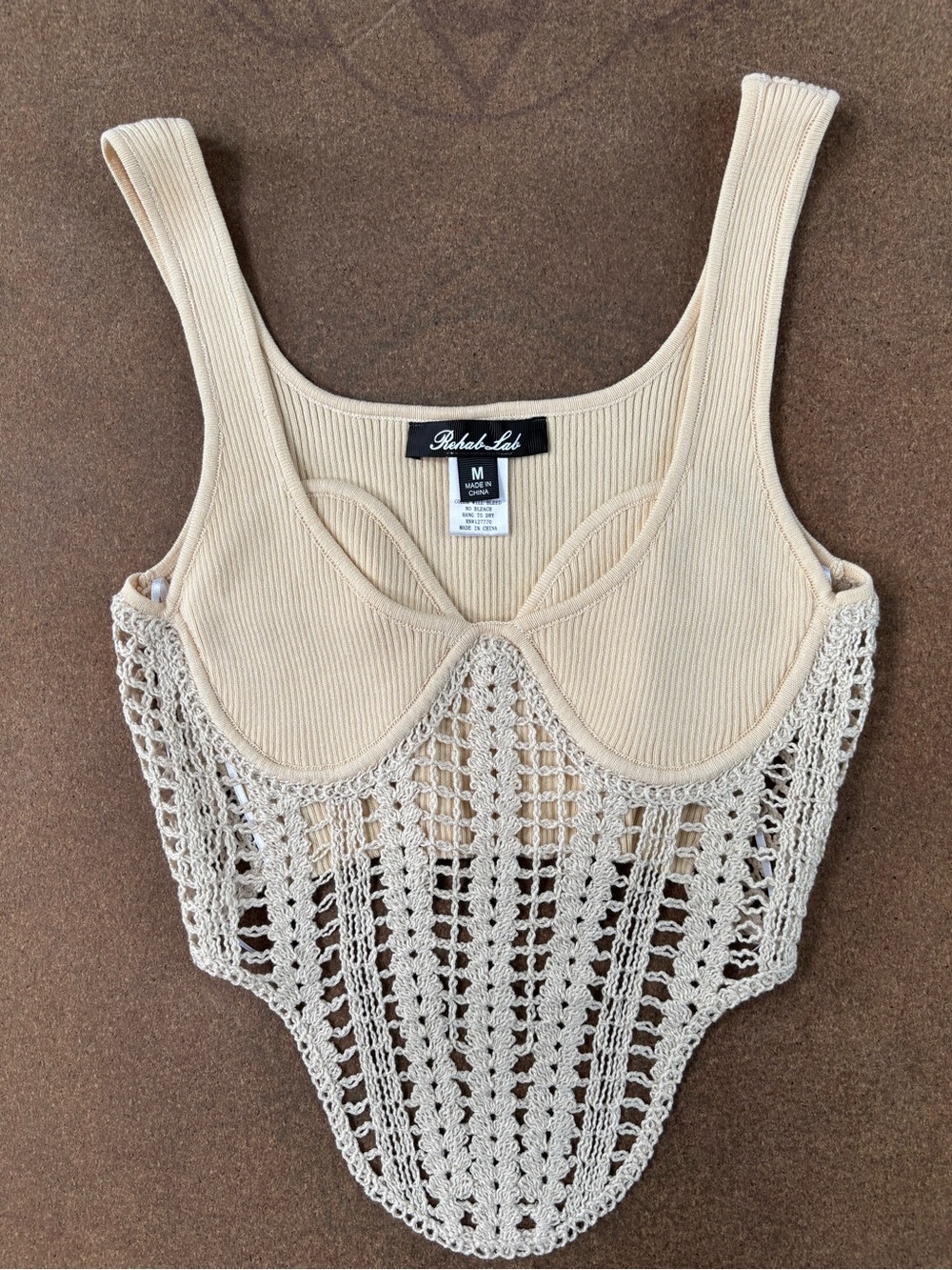 Babaton Cream Crochet-Trim Ribbed Bandeau Bodysuit